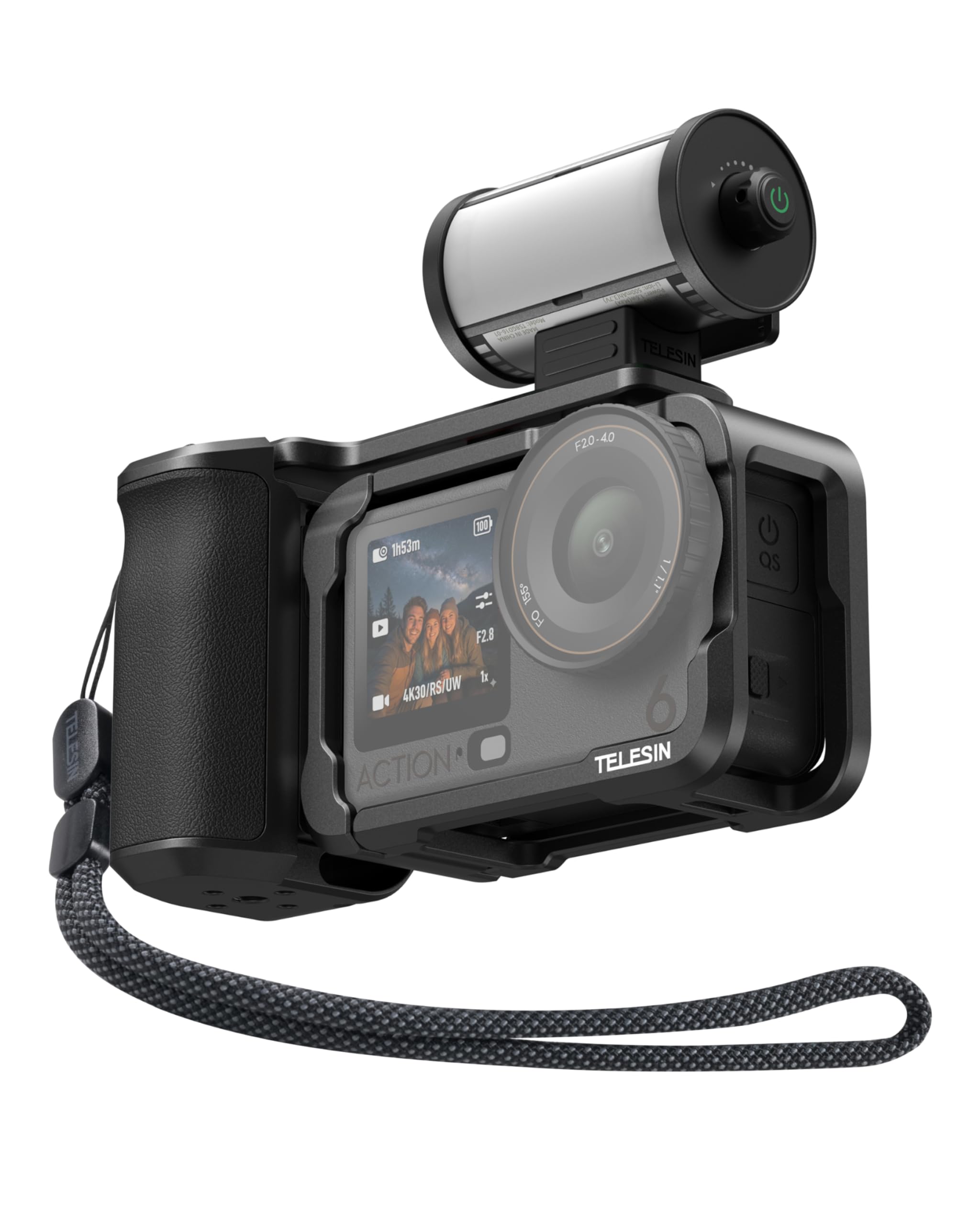 TELESIN Kit de empuñadura de aleación de Aluminio para dji Action 6 con Jaula Protectora metálica & luz de Video RGB magnética, luz LED portátil con difusor, CRI 95+, Soporte Cold Shoe, Accesorios
