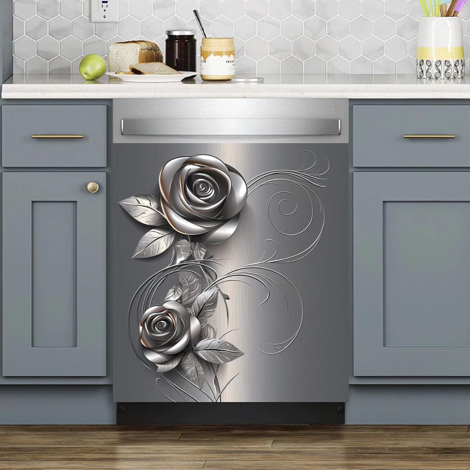 Silver Flower Dishwasher Magnets Decorative Cover,Gray Rose Pattern Stainless Steel Sticker for Appliances,Floral Refrigerator Wrap,Roses Flowers Stainless Steel Contact Paper Kitchen Decor Magnetic Dishwasher Cover 4 23x26inch( Magnetic )