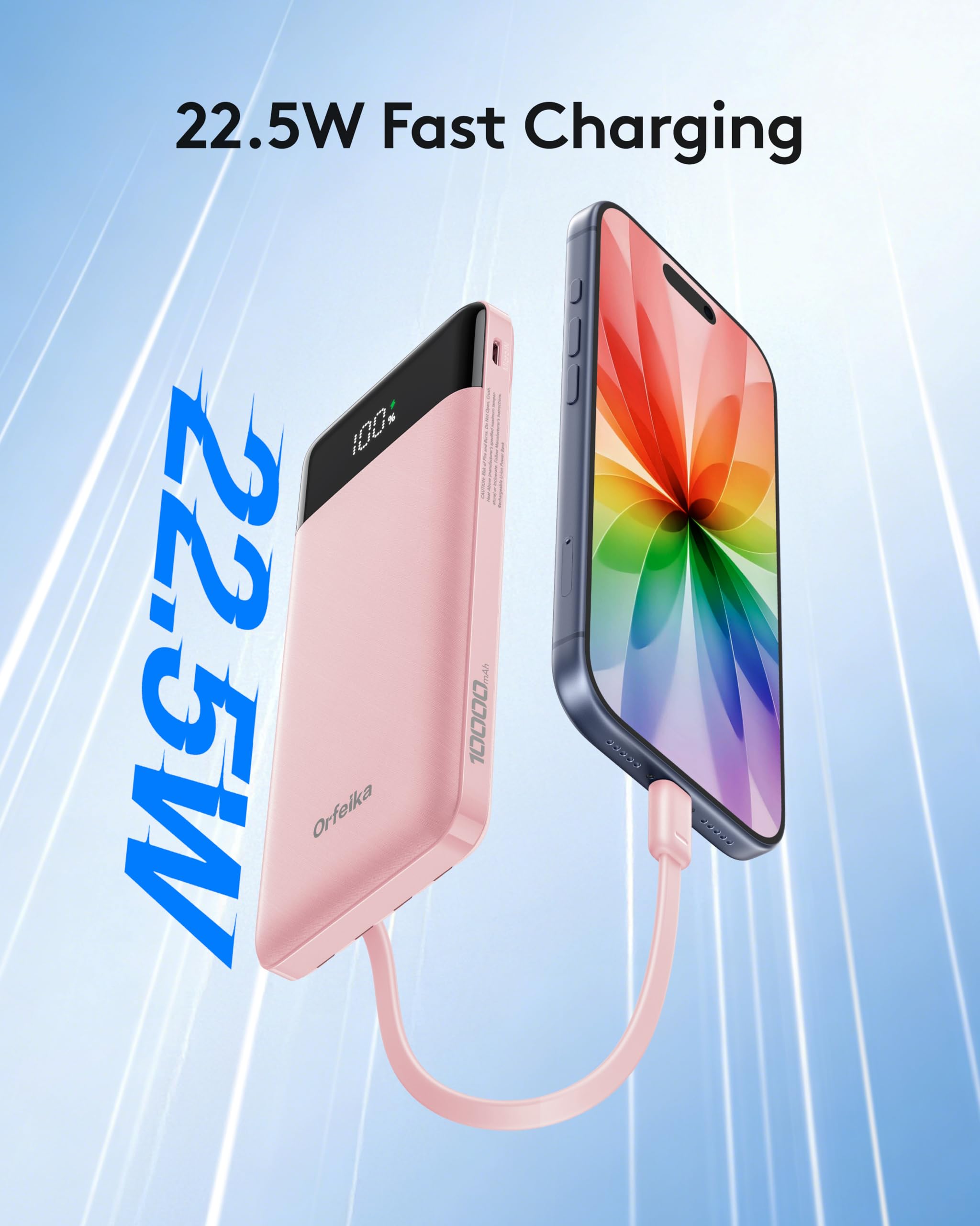 Orfeika Cargador portátil para teléfono, cargador portátil de 10000 mAh con cables integrados, batería esencial de viaje compatible con iPhone, Samsung, iPad, Google, tabletas, etc
