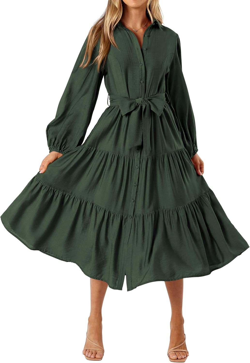 MASCOMODA Womens Dresses 2025 Fall Long Sleeve Midi Dress Casual V Neck Button Down Tiered Flowy Aline Tie Waist Shirt Dress