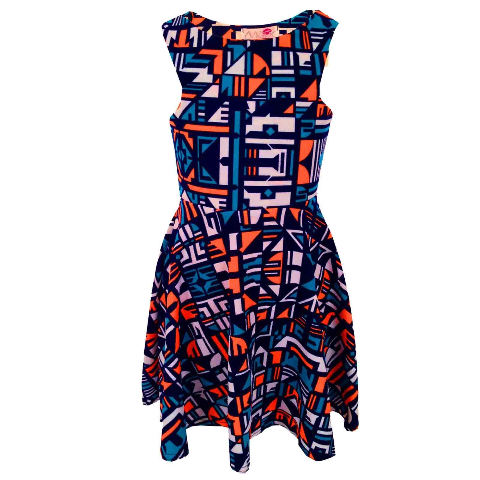 A2Z 4 Kids Orange Blue Aztec Print Skater Skirt Midi Dress - Orange & Blue Aztec Skater 9-10