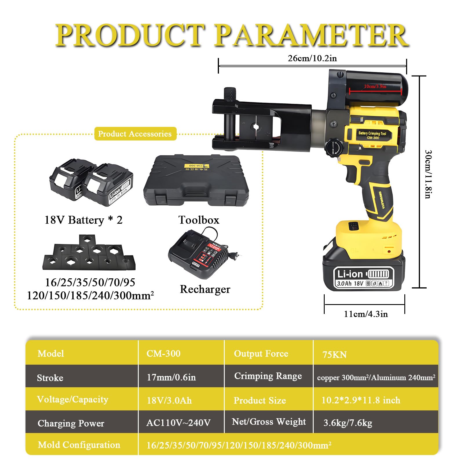 Crimpadora hidráulica a batería de 18 V, Herramienta para crimpar terminales, crimpadora de Cables de 16-300 mm², Abrazadera giratoria de 360°, con 11 Matrices y 2 baterías Yellow-75KN