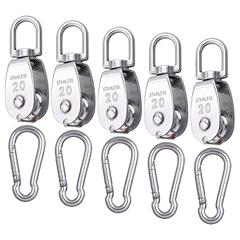 5 Pcs M20 Single Pulley Block, SHITIME 304 Stainless Steel Lifting Crane Pulley, Wire Rope Hanging Pulley Wheel, with 5 Pcs Spring Snap Hook.