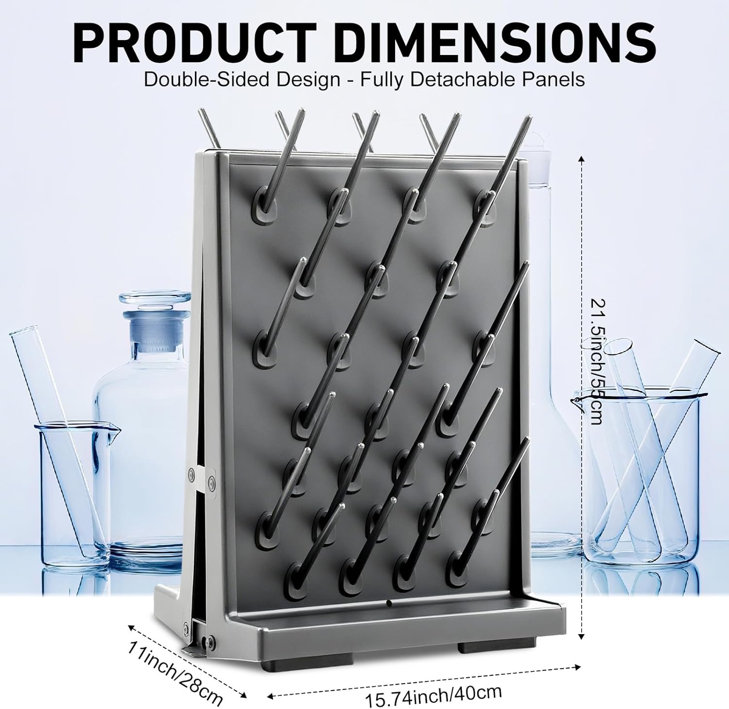 1 Pcs 54 Pegs Lab Drying Racks Double Sided Pegboard Bench-top Wall-Mount Laboratory Glassware PP Test Tube Drying Draining Rack Cleaning Equipment Detachable