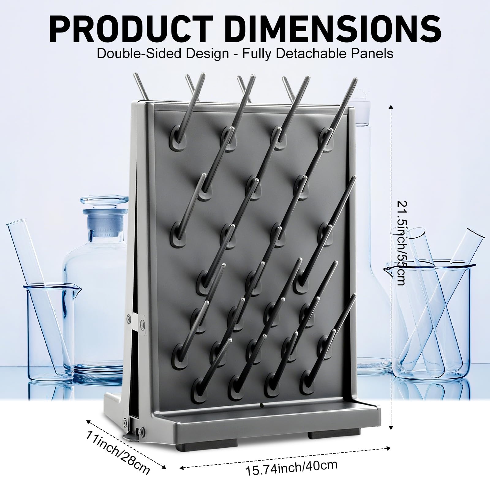 Pushglossy 1 estante de secado de laboratorio de doble cara, 54 clavijas, para montaje en pared, cristalería de laboratorio, tubo de ensayo, equipo de limpieza, desmontable