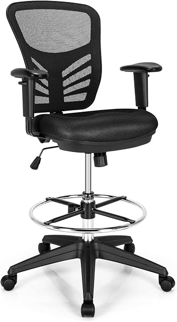 COSTWAY Mesh Drafting Chair, Ergonomic Swivel Office Chair with Adjustable Footrest, Height Adjustable Mid-Back Padded Executive Task Computer Desk Chairs (with Adjustable Armrests, Black)