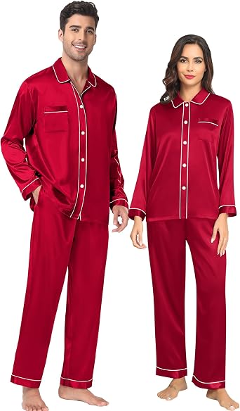 SWOMOG Couples Satin Pajamas Set 2PCS Pjs Sets Long Sleeve & Pants Sleepwear Button Down Loungewear with Pocket