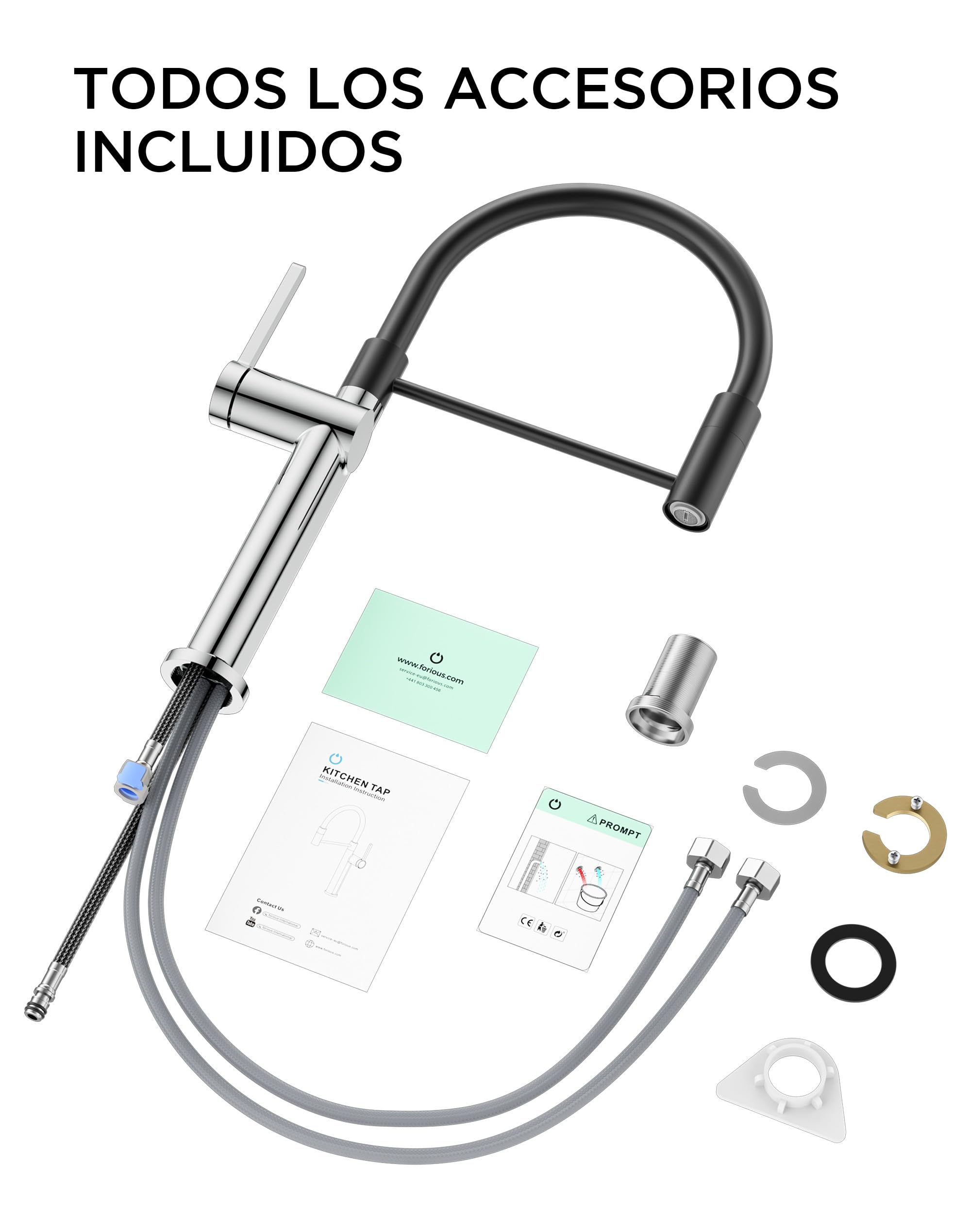FORIOUS Grifo Cocina de cocina, Grifos Cocina Fregadero, dos modos de rociado, Grifo De Cocina Fregadero giratorio 360°, Grifo Monomando Cocina para agua fría y caliente, Cromo Pulido