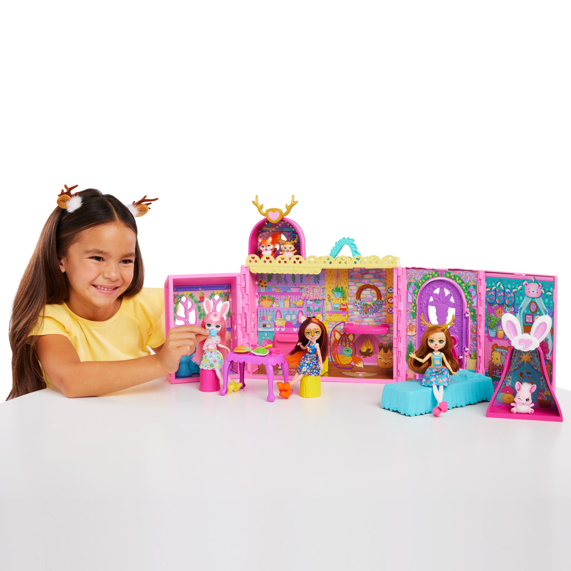 Enchantimals La Maison de l’Amitié Coffret avec mobilier, 1 poupée et Son Animal de Compagnie, Maison de poupée avec 7 Zones de Jeu et 24 Accessoires, HXL53