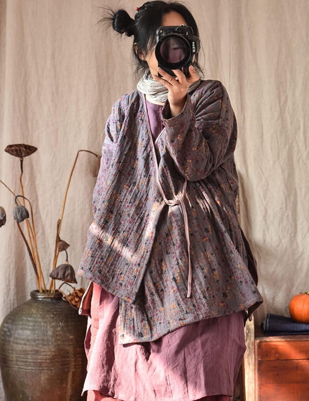 NFYM Women's Spring Kimono Cardigan Wrap Front Retro Hanfu Style Printed Trench Jacket with Self Tie