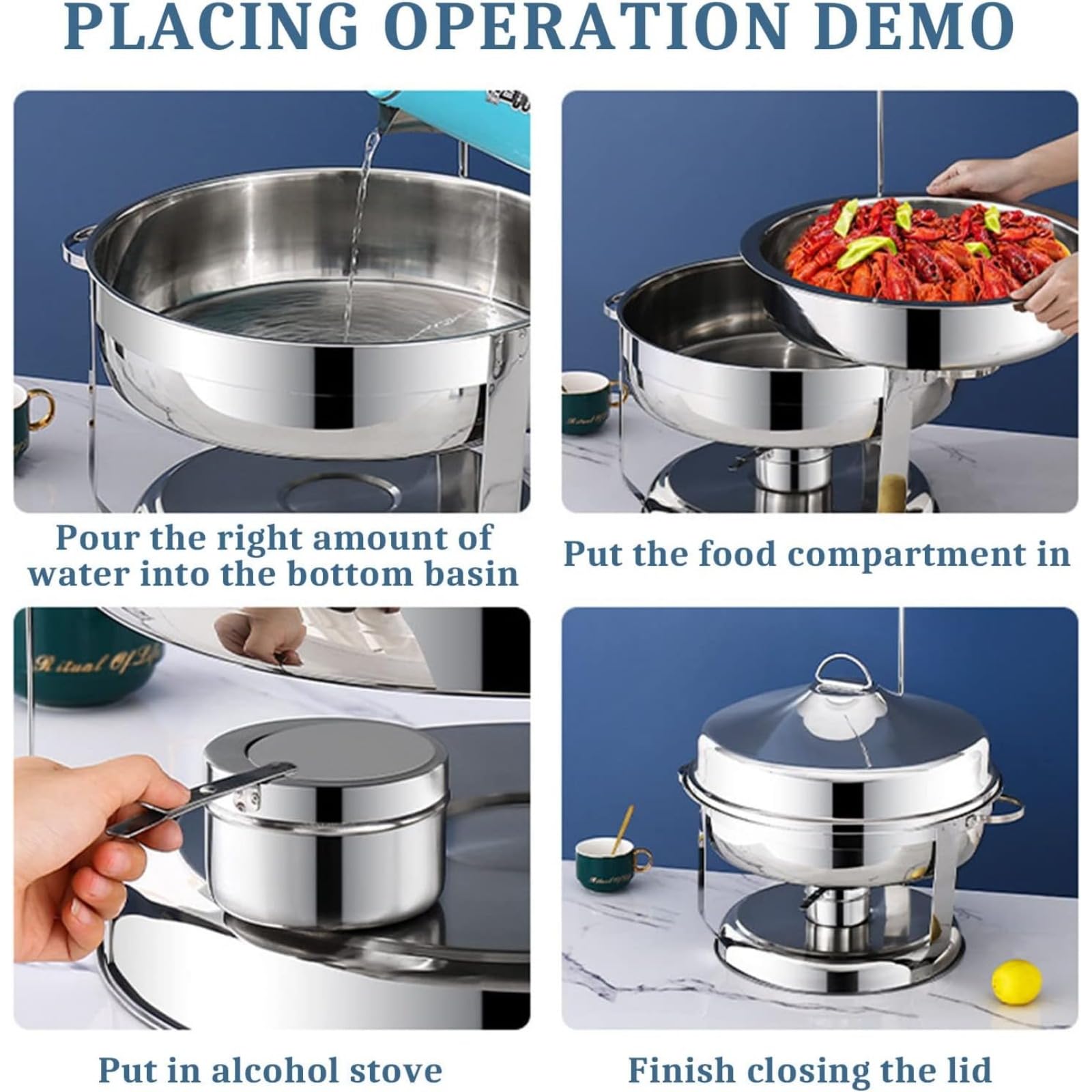 Chafing Dish in acciaio inossidabile con coperchio sospeso, set di contenitori riscaldanti per buffet di catering, include teglia per cibo, teglia per acqua, porta combustibile, per attrezzatura per