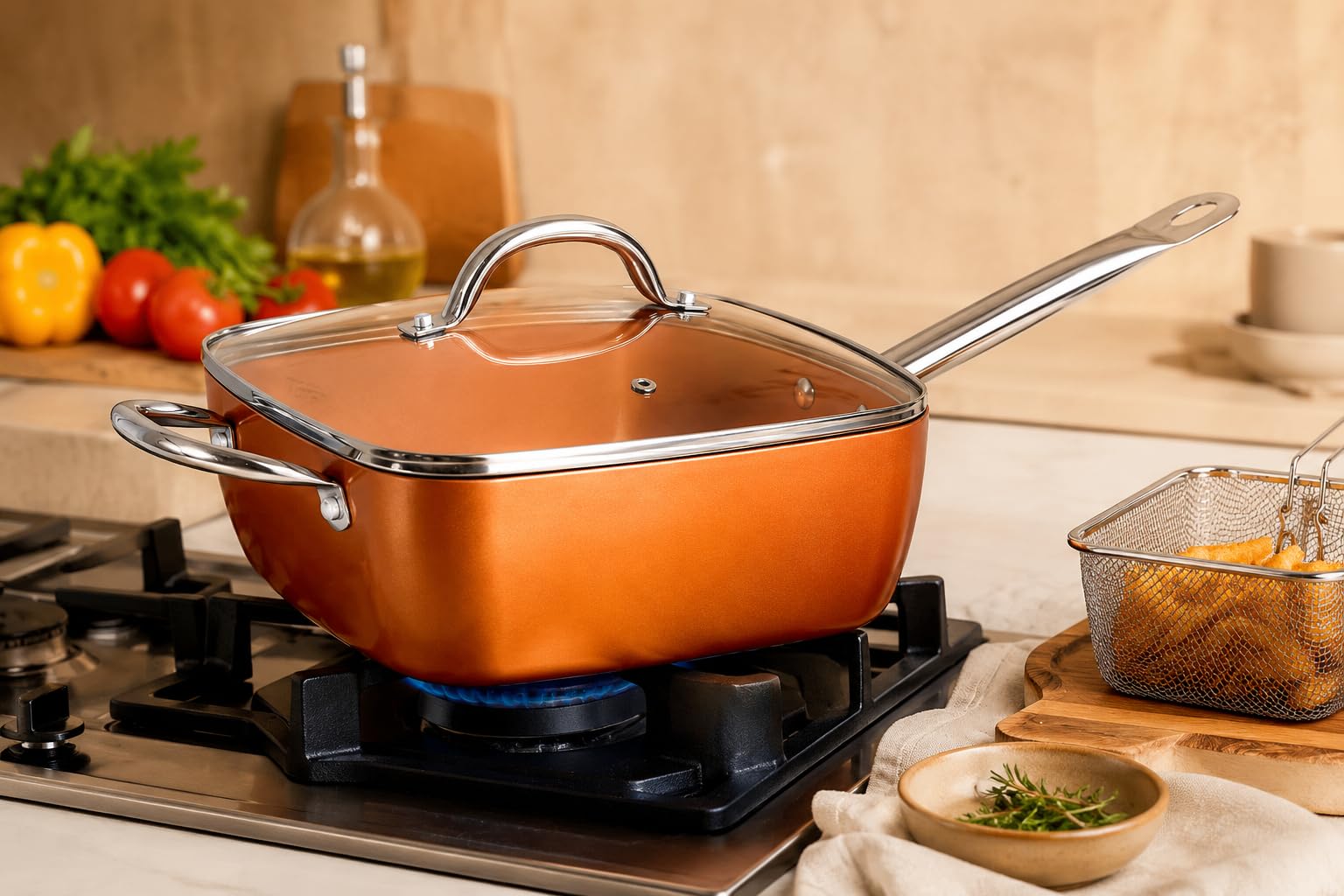 Sartén Cuadrada Antiadherente 24 cm Color Copper con Tapa de Vidrio | Revestimiento cerámico, aluminio 2,5 mm, apta para horno y lavavajillas
