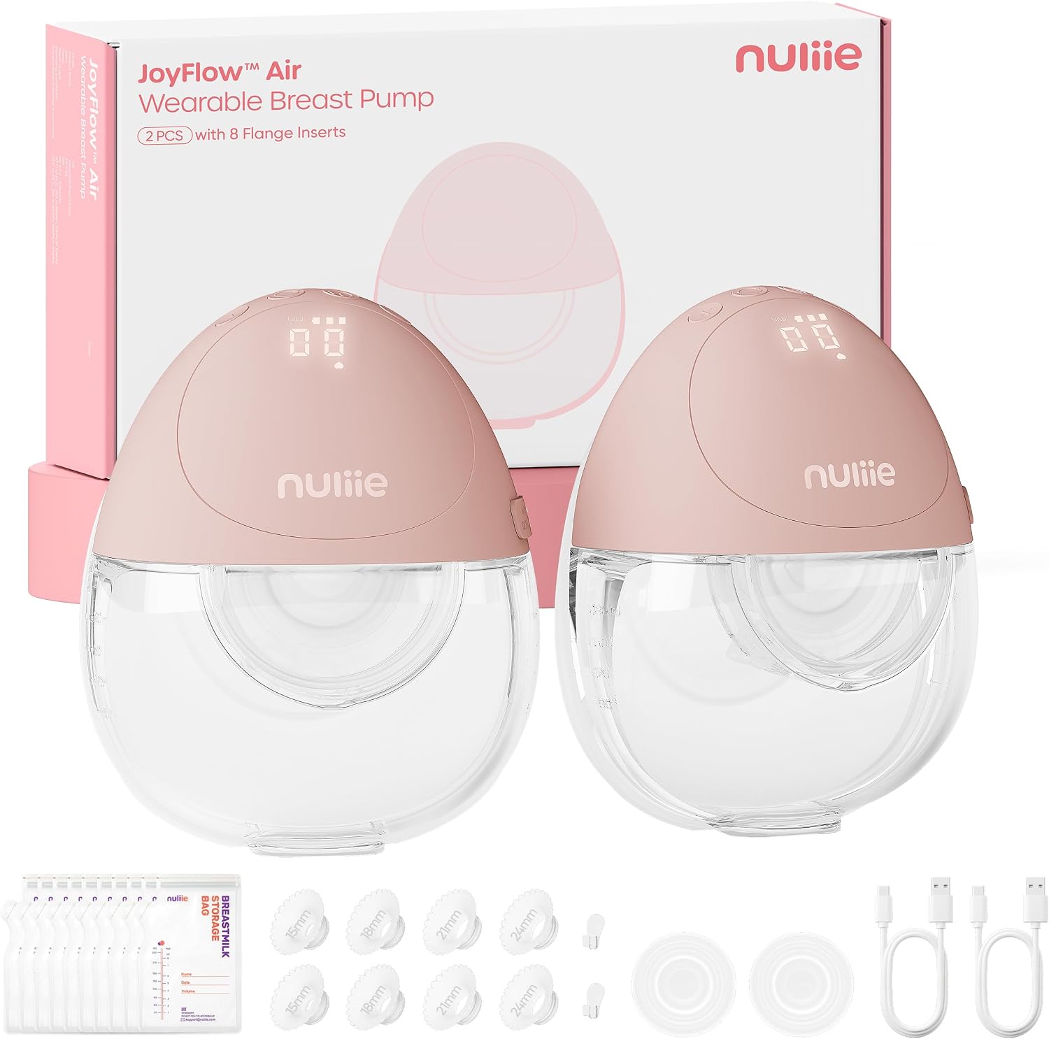 Nuliie JoyFlow Air Tire-lait électrique, ultra-fin et léger, tire-lait portable mains libres, 3 modes & 12 niveaux, silencieux & sans BPA, bride 27 mm & embouts 15/18/21/24 mm (2 Packs, Rose)