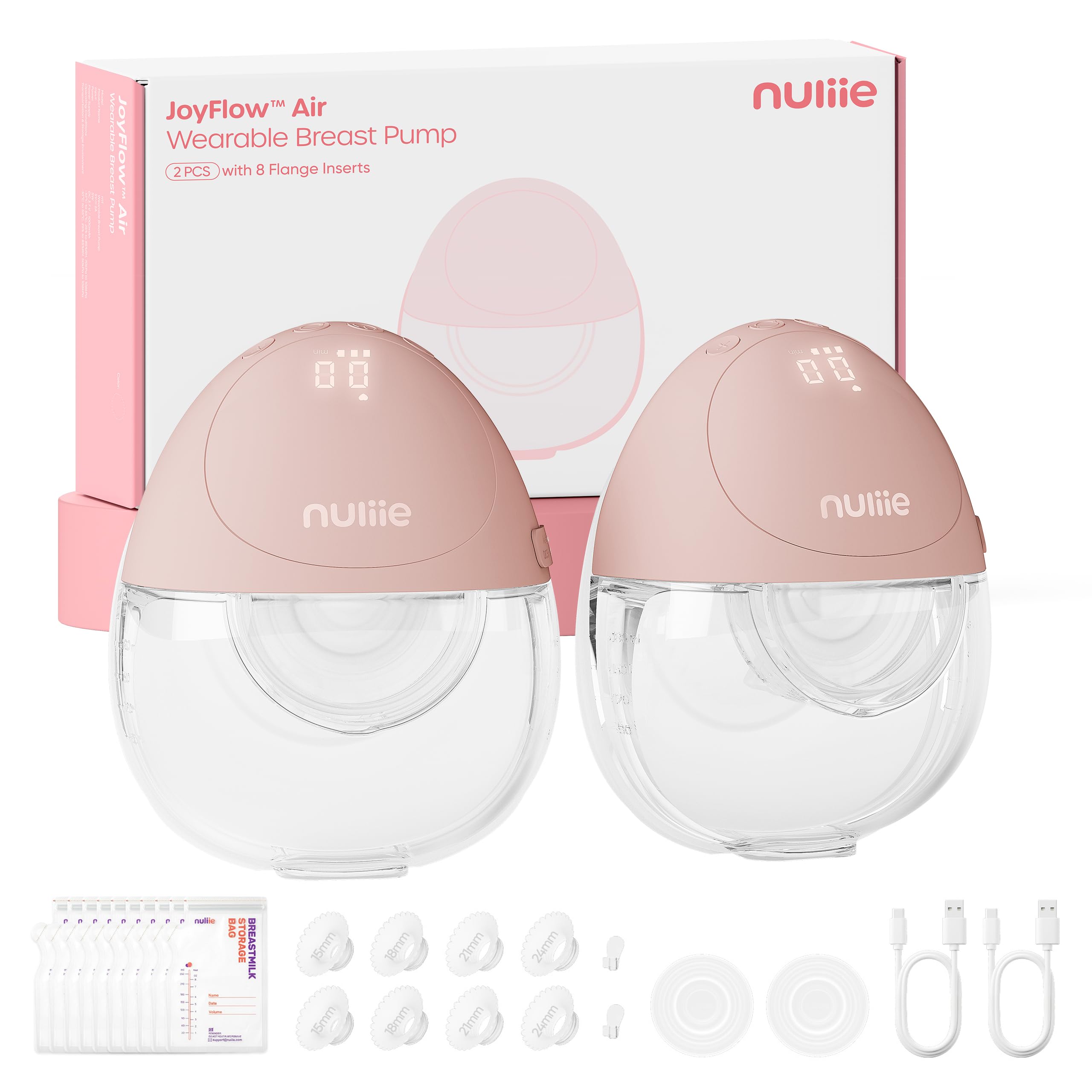 Nuliie JoyFlow Air Tire-lait électrique, ultra-fin et léger, tire-lait portable mains libres, 3 modes & 12 niveaux, silencieux & sans BPA, bride 27 mm & embouts 15/18/21/24 mm (2 Packs, Rose)