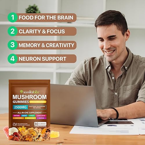 Miniatura 7 de Lions Mane - Gomitas de hongos, mezcla orgánica de Reishi, Cordyceps y más, aumenta la energía, la memoria, la inmunidad - 80 gomitas (2)