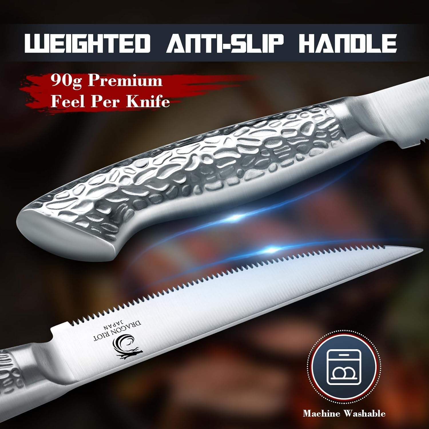 DRAGON RIOT Steak Knives Set of 4 Serrated Edge Steak Knife Set Japanese Stainless Steel Dinner Knife Diswasher Safe Steak Knives with Box