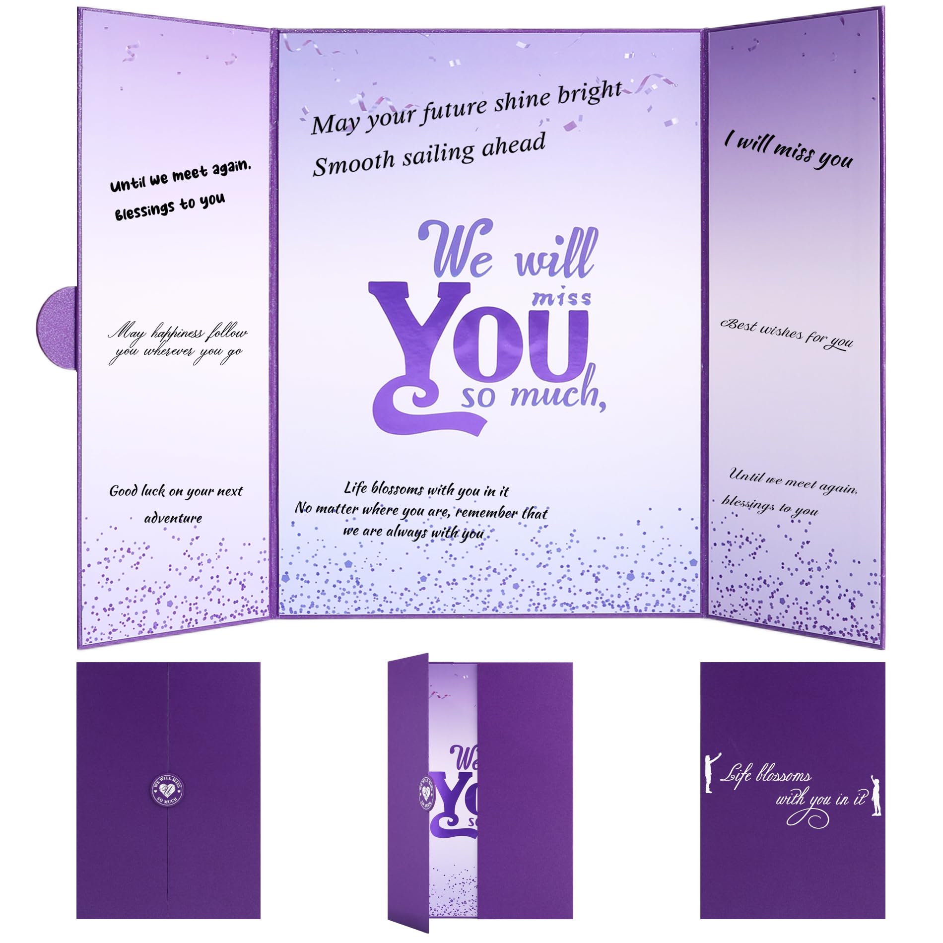 Traumhafte violette Abschiedskarte "We Will Miss You", Dekorationen, Abschiedsparty-Dekorationen, große signierbare Abschiedskarte, alternative Abschiedsgeschenke für Kollegen, Ausgehen