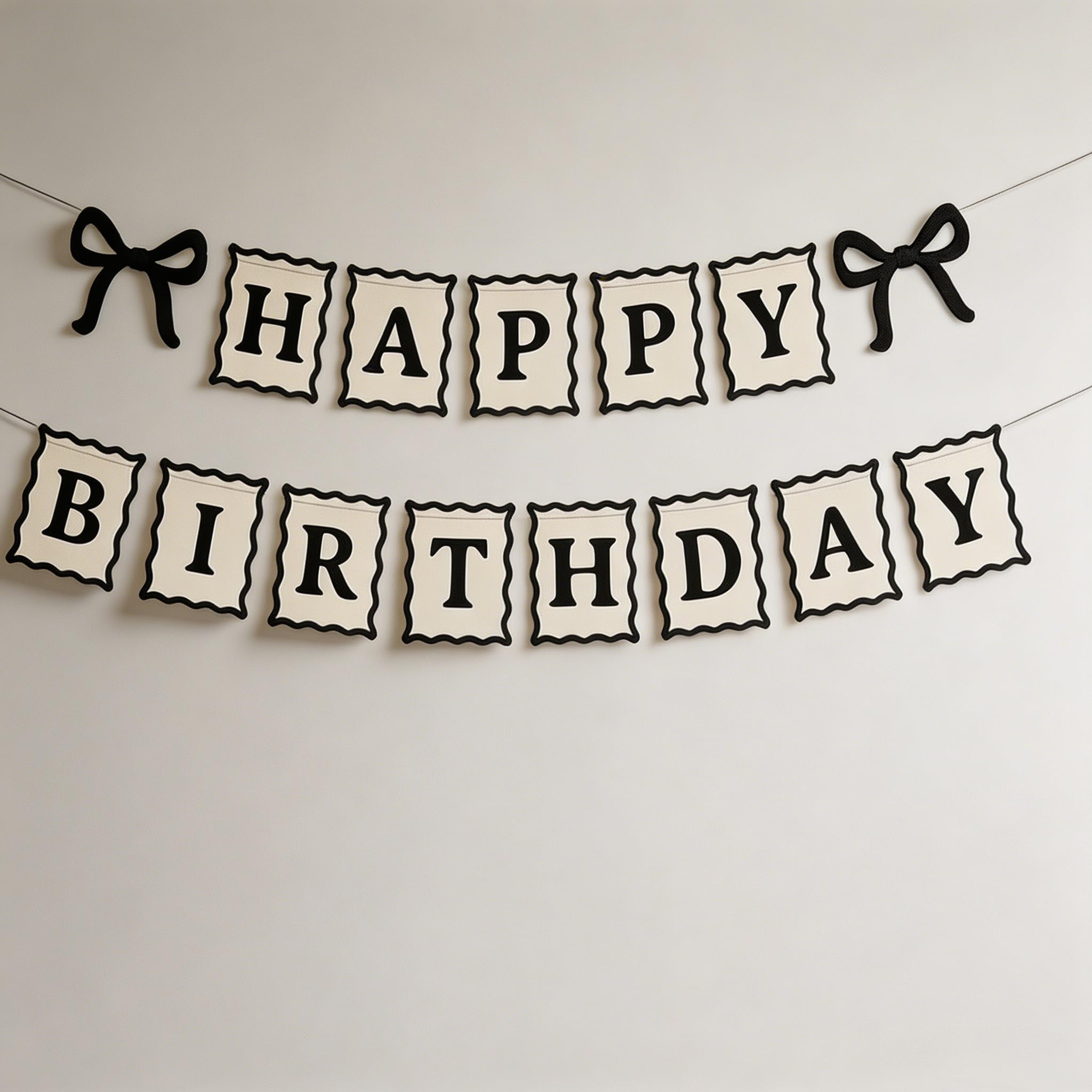 Happy Birthday Banner, Elegant Black and White with Bow Decoration, Premium Cardstock for Party Decor, Home Celebration