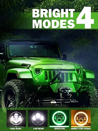 Miniatura 2 de UNI-SHINE Faro LED de halo verde de 7 pulgadas con haz alto y alto con señal de giro ámbar DRL 2 piezas de 7 pulgadas LED redondo H6024 faro LED