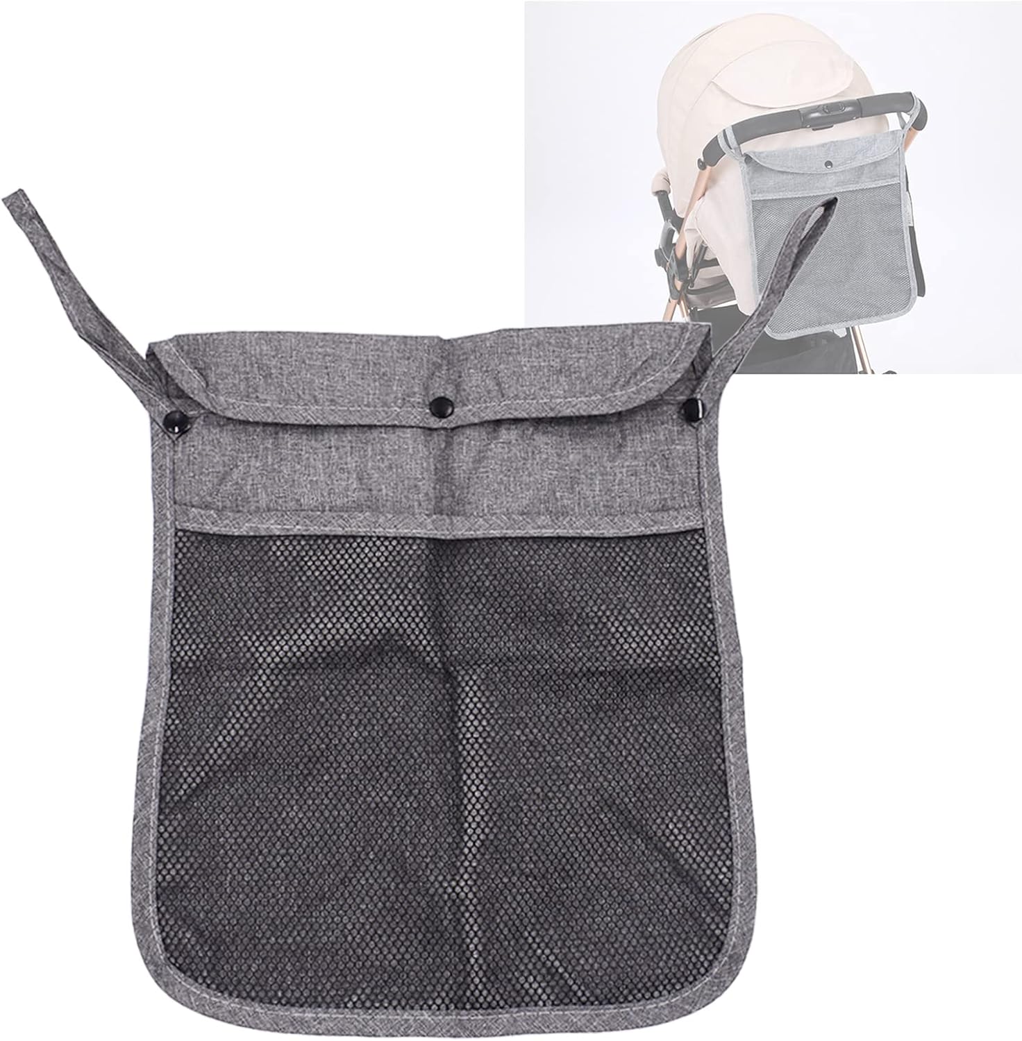 Portable Stroller Hanging Bag with Two Storage Pockets Stroller Bag Organizer for Nappy Baby Cloth/Bottle/Toy, Stroller Hanging Storage Net Bag, Grey