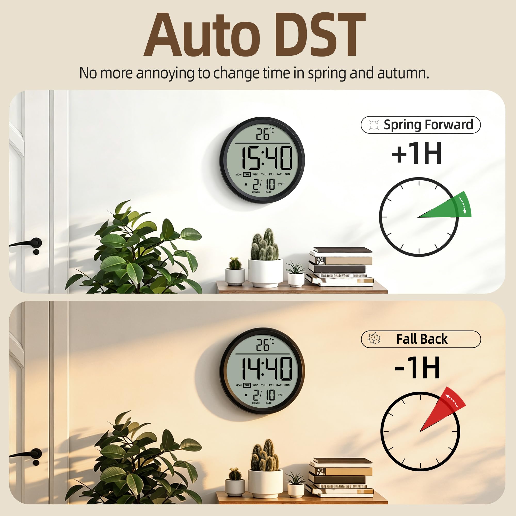 Runden Digitale Wanduhr 20cm, Groß Uhr mit Temperaturanzeige, Datum, Sommerzeit, Kalender, 12/24h, Wecker mit Werktags/Wochenend-Modus für Schlafzimmer Wohnzimmer