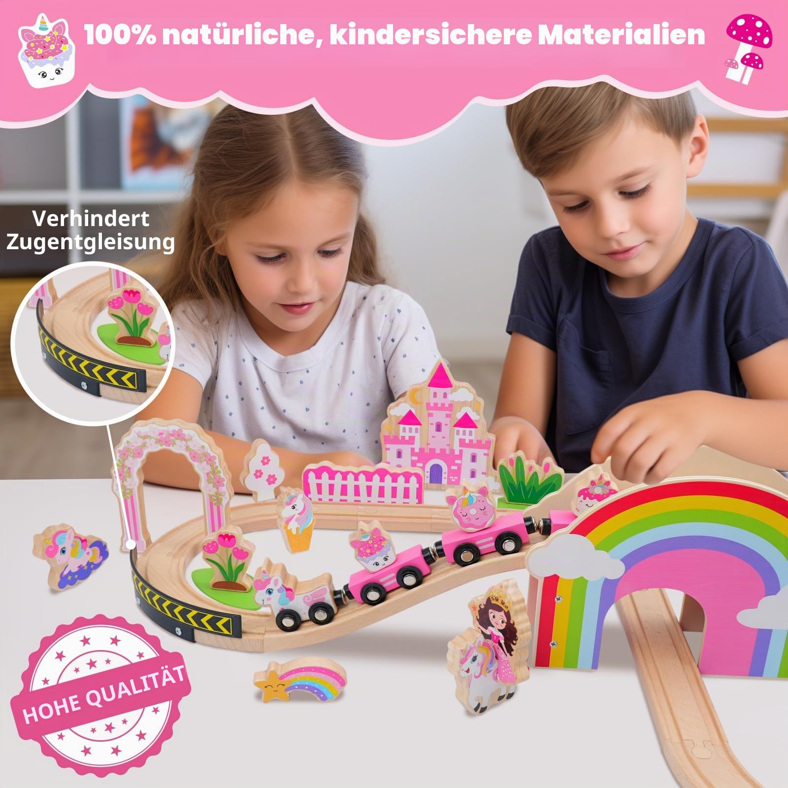 SIMPLIPLAY Holzeisenbahnset – 43-teiliges magnetisches Einhorn-Spielzeugzugset mit Holzeisenbahnschienen und Brücke für Mädchen und Kleinkinder, Geburtstag oder zu Weihnachten