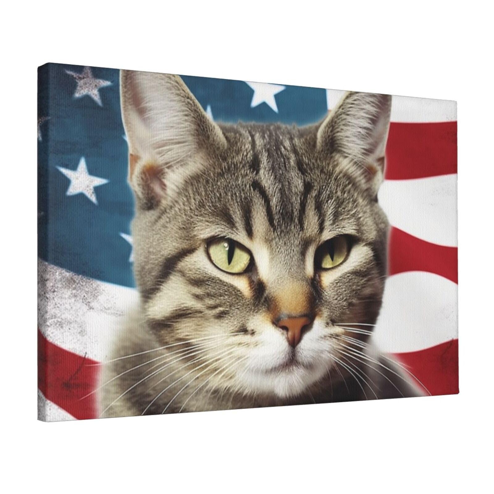 Canvas Wall Art for Living Room Wall Decor 12"x18" Modern Artwork Painting Pictures Hanging Canvas Prints American Cat Usa Flag Aesthetic Wall Art for Bedroom Bathroom Office Wallart Decor