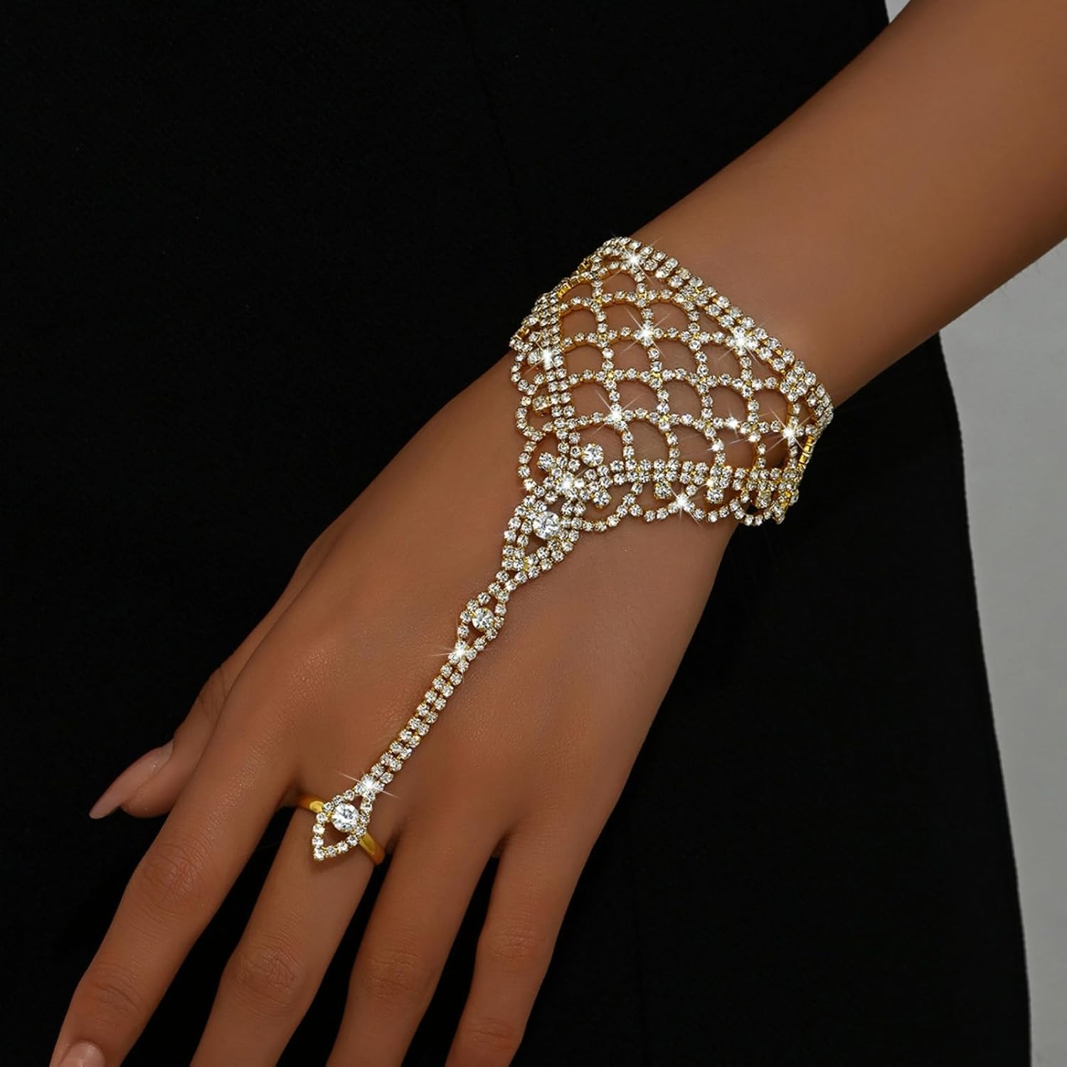 Rhinestone Bride Ring Bracelet for Women Vintage Gold Silver Hand Chain Finger Ring Layered Rheinstone Crystal Hand Chain Rings Bracelet Sparkling Long Tassel Bracelet Wedding Birthday Anniversary Party Dance Banquet Dress Jewelry for Her - Image 2