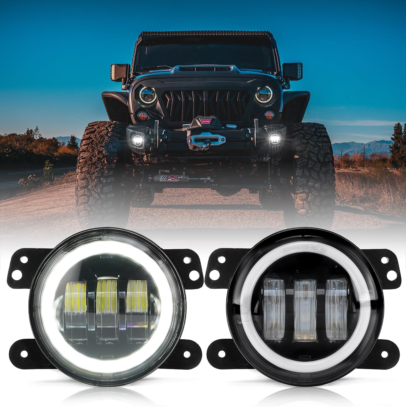 Xprite 4-Inch Round LED Fog Lights with White Halo Ring Angel Eye DRL, 60W High-Intensity Fog Lights - Plug and Play Fog Lamp Assembly Compatible with 2007-2018 Jeep Wrangler JK (Smoked Lens)
