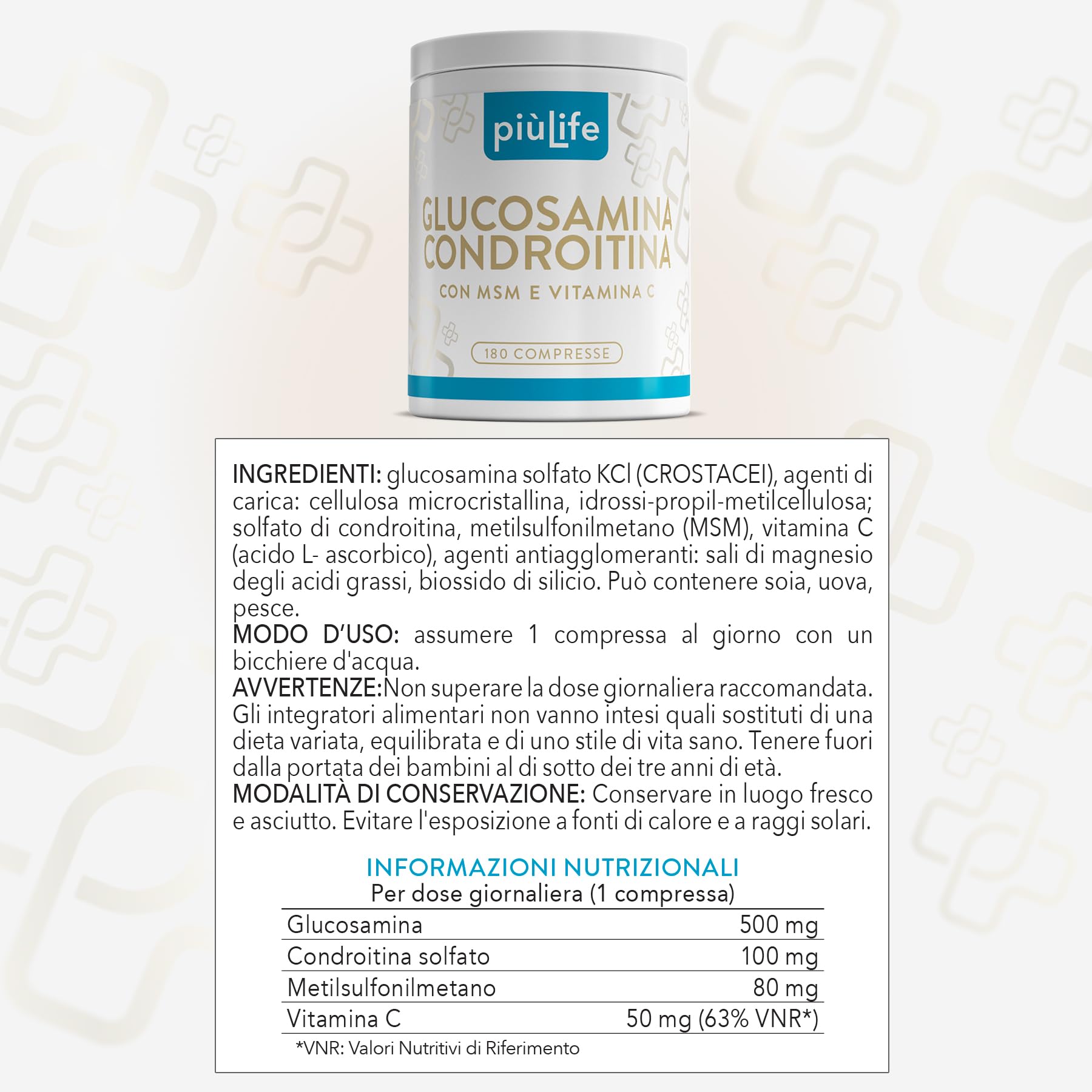 Glucosamina Condroitina Msm 730mg per Compressa PiùLife, Integratore Articolazioni e Cartilagine ginocchio, Complex Condroitina Glucosamina Alto Dosaggio con Vitamina C per il Collagene