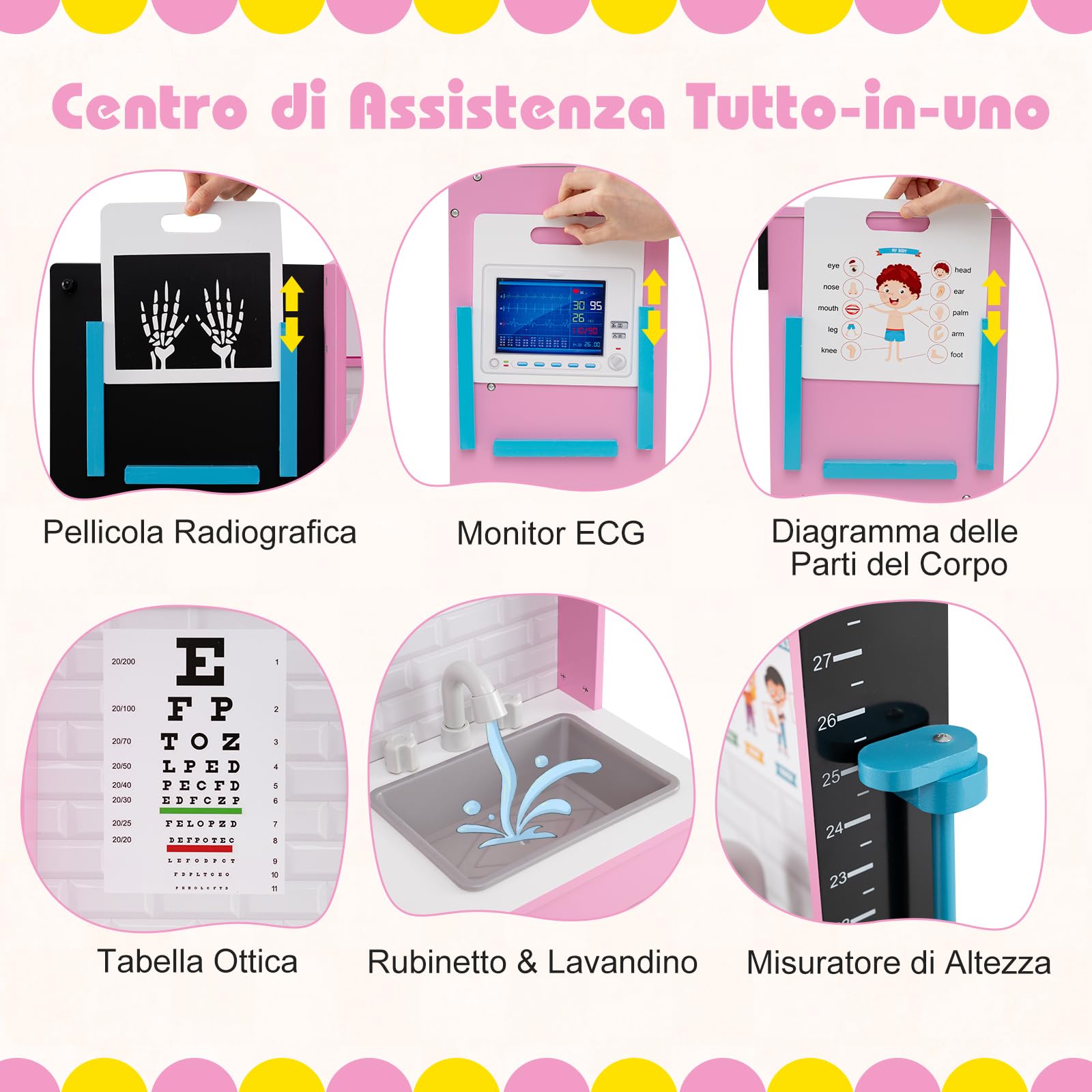 COSTWAY Set Gioco Dottore per Bambini, Gioco di Ruolo Medico in Legno con Stetoscopio, Radiografie, Monitor ECG, Tabella Oculistica e 29 Accessori, Medico Giocattolo per Bambini 3+ Anni (Rosa)