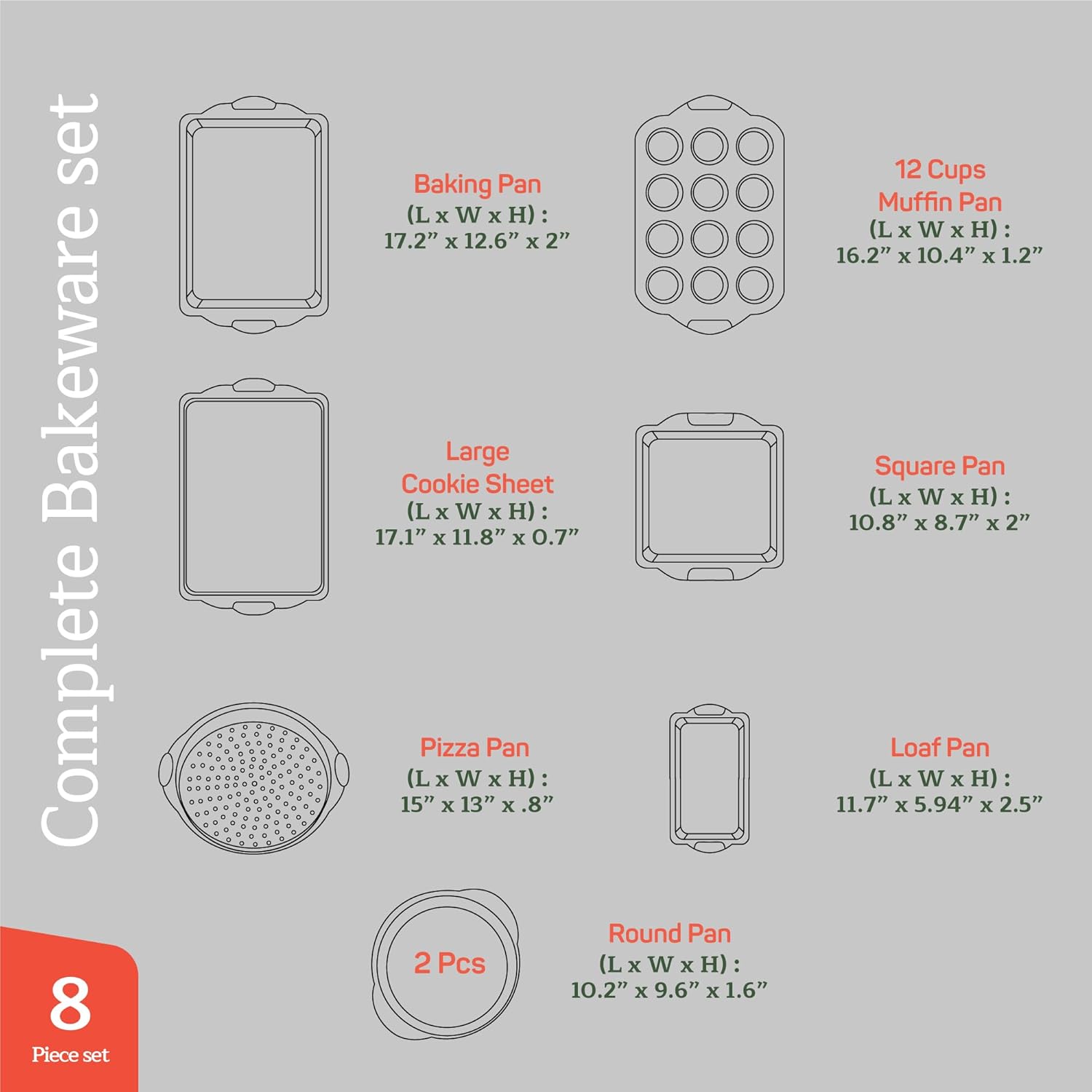 Baking Pan Set - Nonstick Coating, Carbon Steel Bakeware Set with Red Silicone Handles, PFOA, PFOS, PTFE Free, Recipe Booklet Included, Oven Safe Tray (Up To 450° F), Set of 8 - Black - Image 2