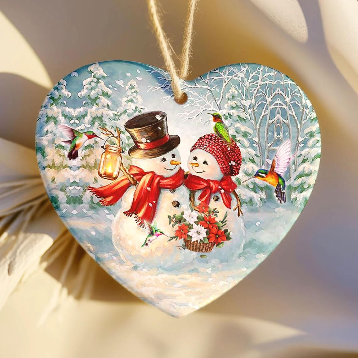 2025 Christmas Ornament - Snowman Couple & Hummingbird Ceramic Ornament, Festive Hanging Keepsake for Christmas Tree, for Snowman Lovers, Family, Friends - Image 9