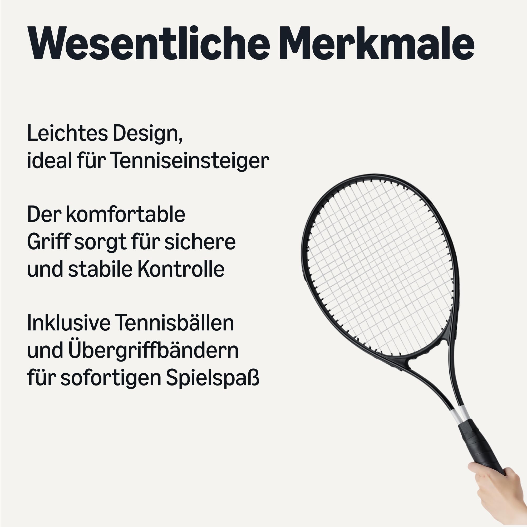 Amazon Basics Tennisschläger-Set, 2 Schläger 68,5cm, 3 Bälle, 2 Übergriffbänder, Leicht, für Erwachsene Anfänger, Schwarz