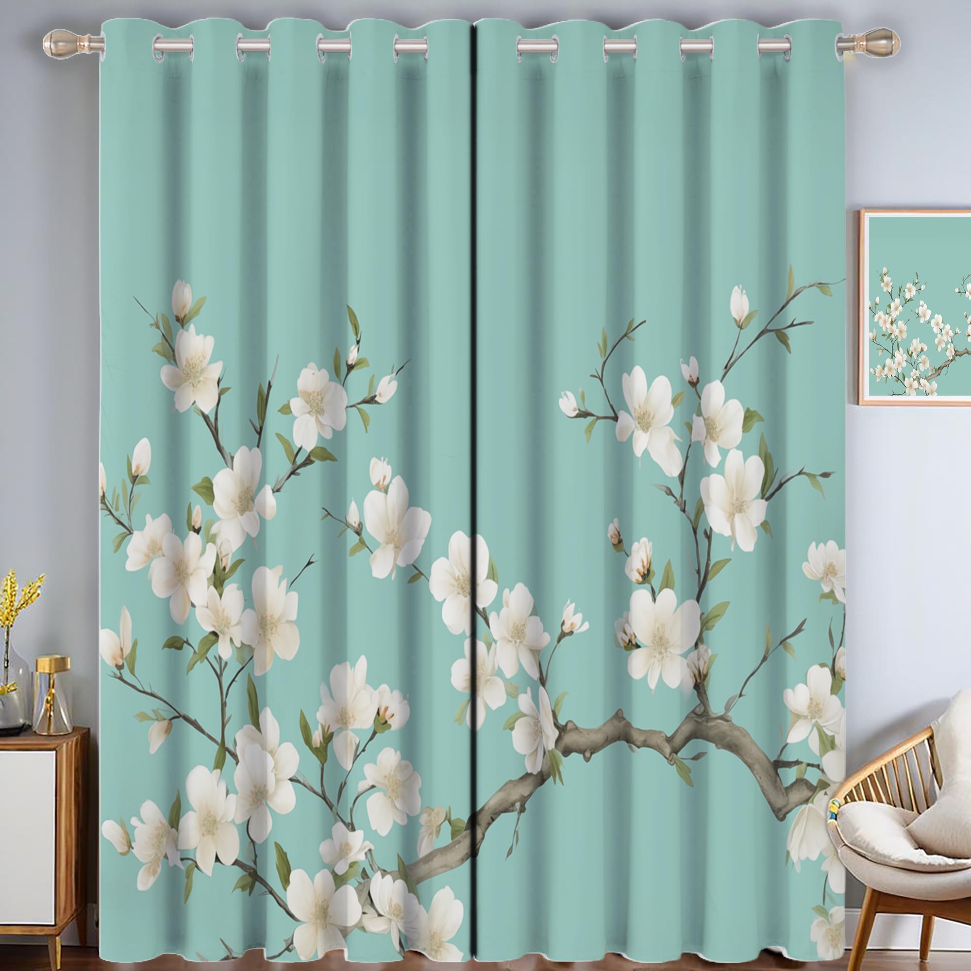 Rideaux occultants chinois magnolia turquoise thermiques 140x200cm