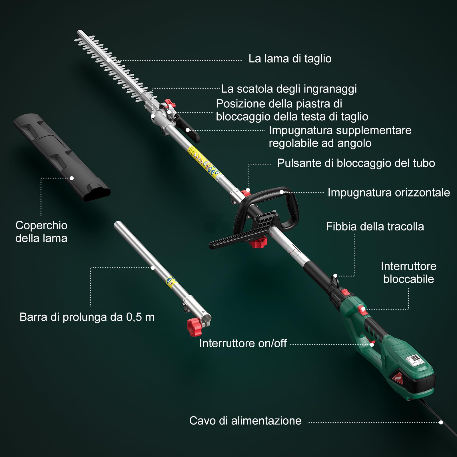HYCHIKA Troncarami telescopici leggeri, Tagliasiepi Telescopico Elettrico 900W, Tagliasiepe Elettrico, Taglia Siepe Telescopica, Allungabile 200-250 cm, Lame Dual Action,
