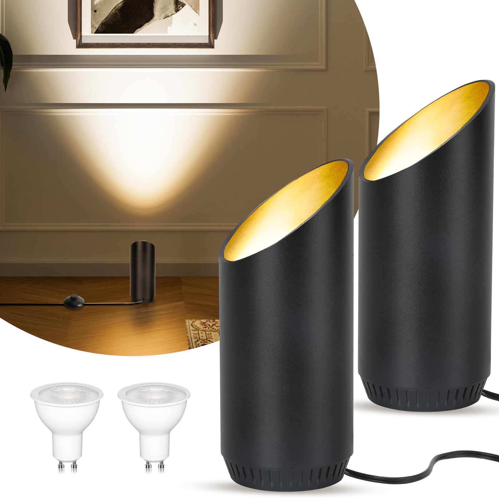 Faretto LED da Terra – Lampada da Terra 6W per Interni, Nero, 3000K Bianco Caldo, Con Lampadina LED GU10 500LM, Faretto con Interruttore a Pedale (nero, 2 confezioni)