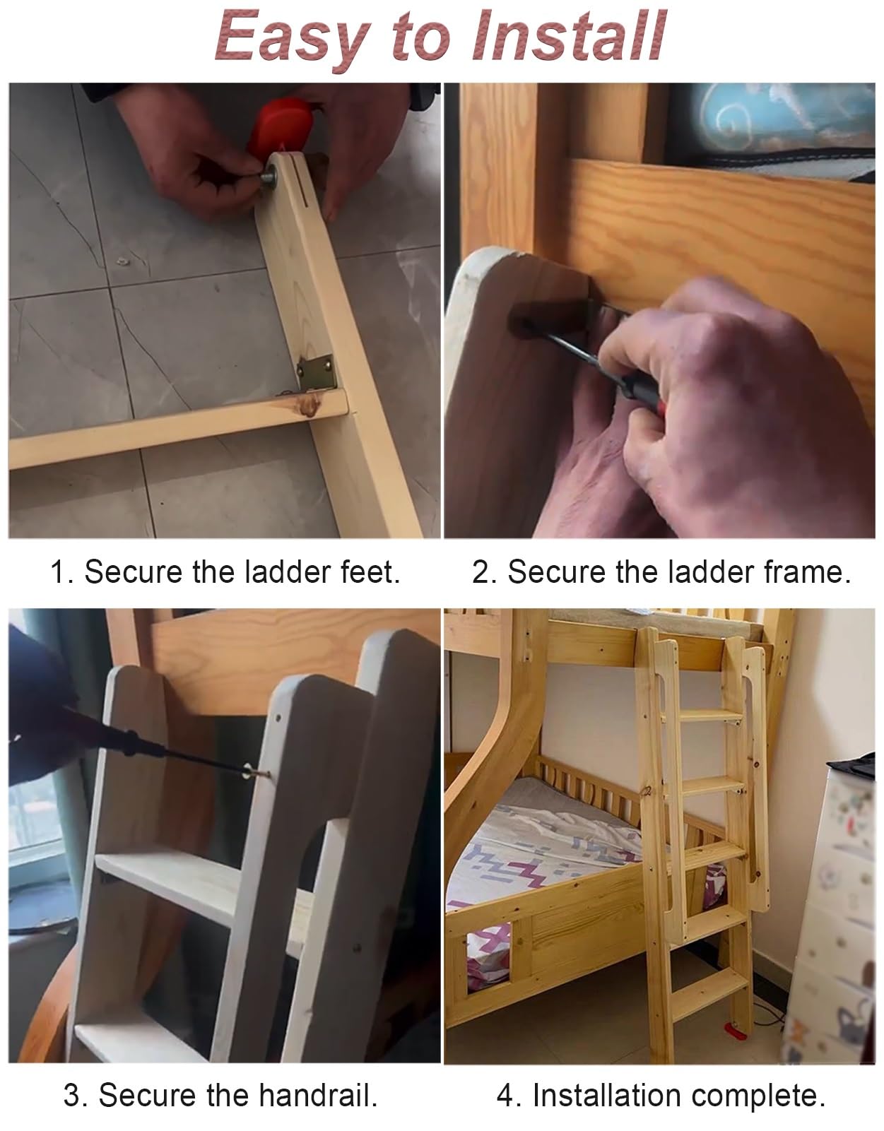 Échelle de lit superposé en bois massif avec poignée et accessoires d'installation, capacité de 150 kg, escalier intérieur pour lits mezzanines