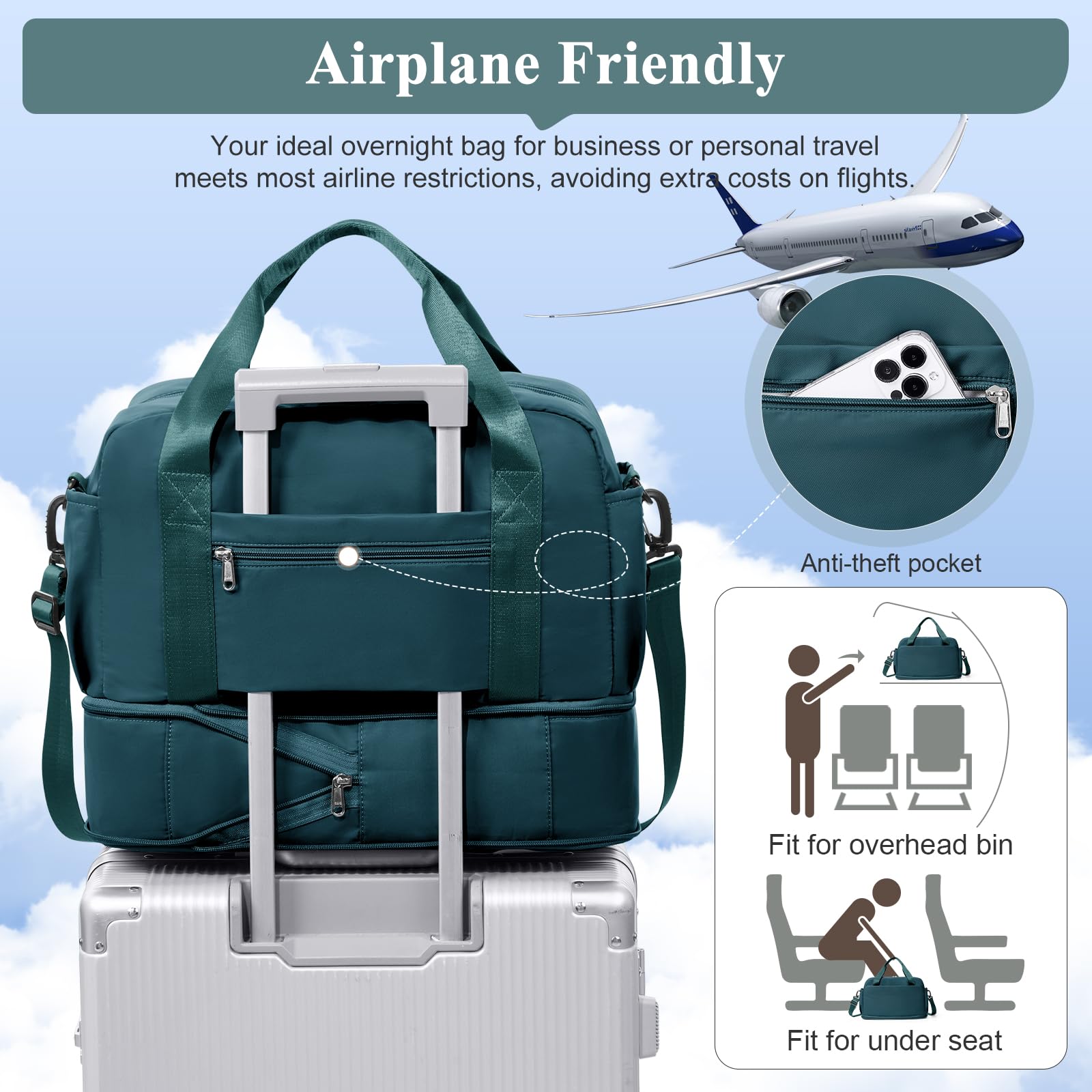 SEAFEW Borsone da Viaggio,Bagaglio a Mano 40x30x20 Ryanair Borsa da Viaggio con Scomparto per le Scarpe,Borsa da Cabina Ryanair Borsa Sportiva Borsone da Palestra Borsa da Weekend,C04-Blu pavone