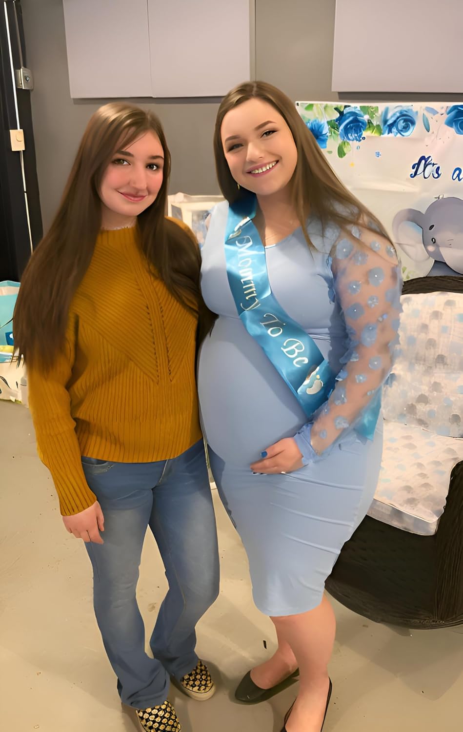 Floral Mesh Bishop Long Sleeve Maternity Midi Dress, Fall Maternity Bodycon Dress for Baby Shower - Image 3