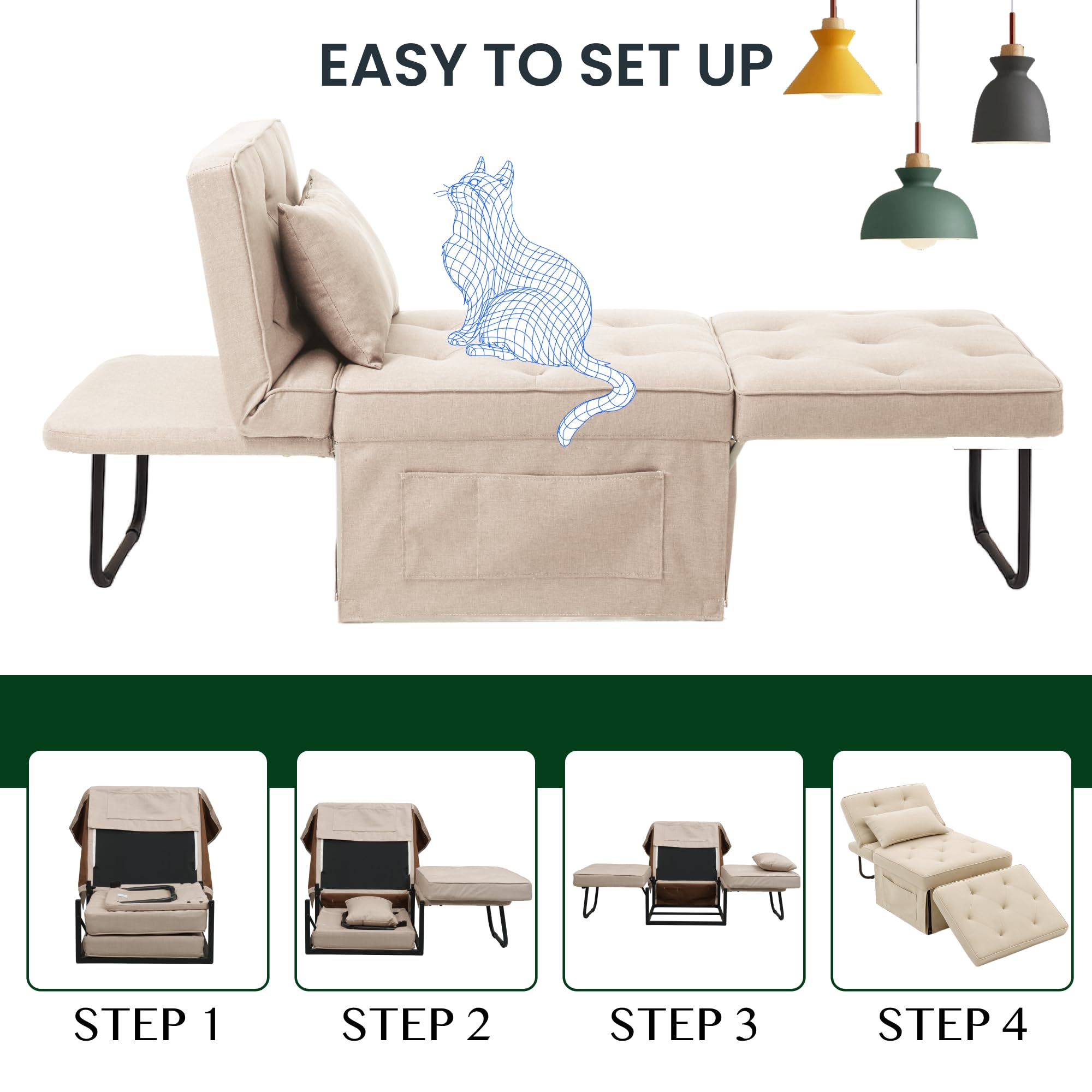 FLEXISPOT Poltrona Relax Pieghevole 3 in 1, Sedia a Sdraio Trasformabile con Funzione Letto, Portata 300 kg,Beige, 72×69×35 cm