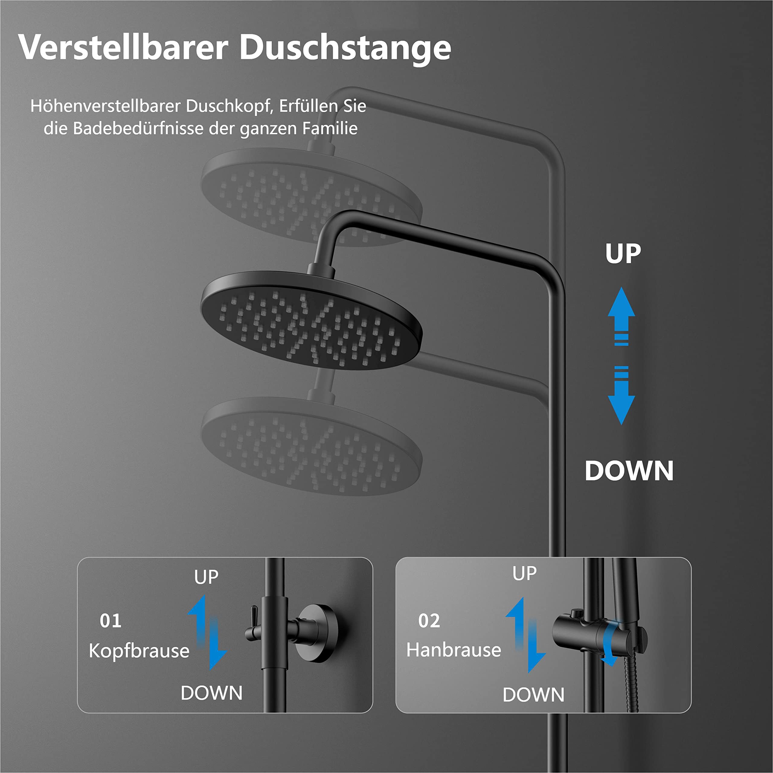 YOOZENA Duscharmatur Komplettset,Duschsystem mit Regendusche, 3 Strahlarten Duschkopf, Duscharmatur Schwarz，Regendusche mit armatur