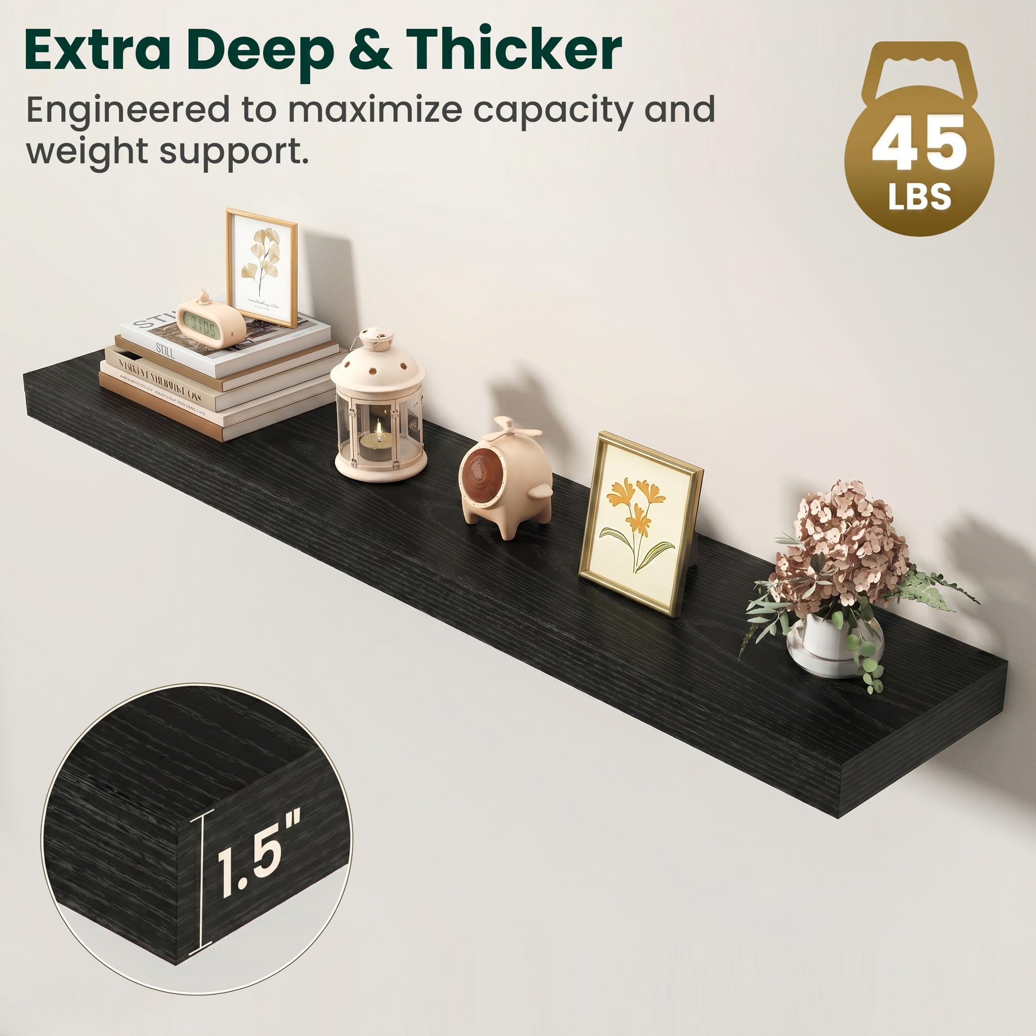 Juego de 2 estantes flotantes de 120 cm para pared con soportes invisibles, estante de madera resistente montado en la pared para cocina, baño, sala de estar, dormitorio