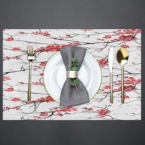 Miniatura 4 de Plum Blossom - Juego de 6 manteles individuales cuadrados de tela para mesa de cocina, resistentes al calor, fáciles de limpiar, 12 x 18 pulgadas