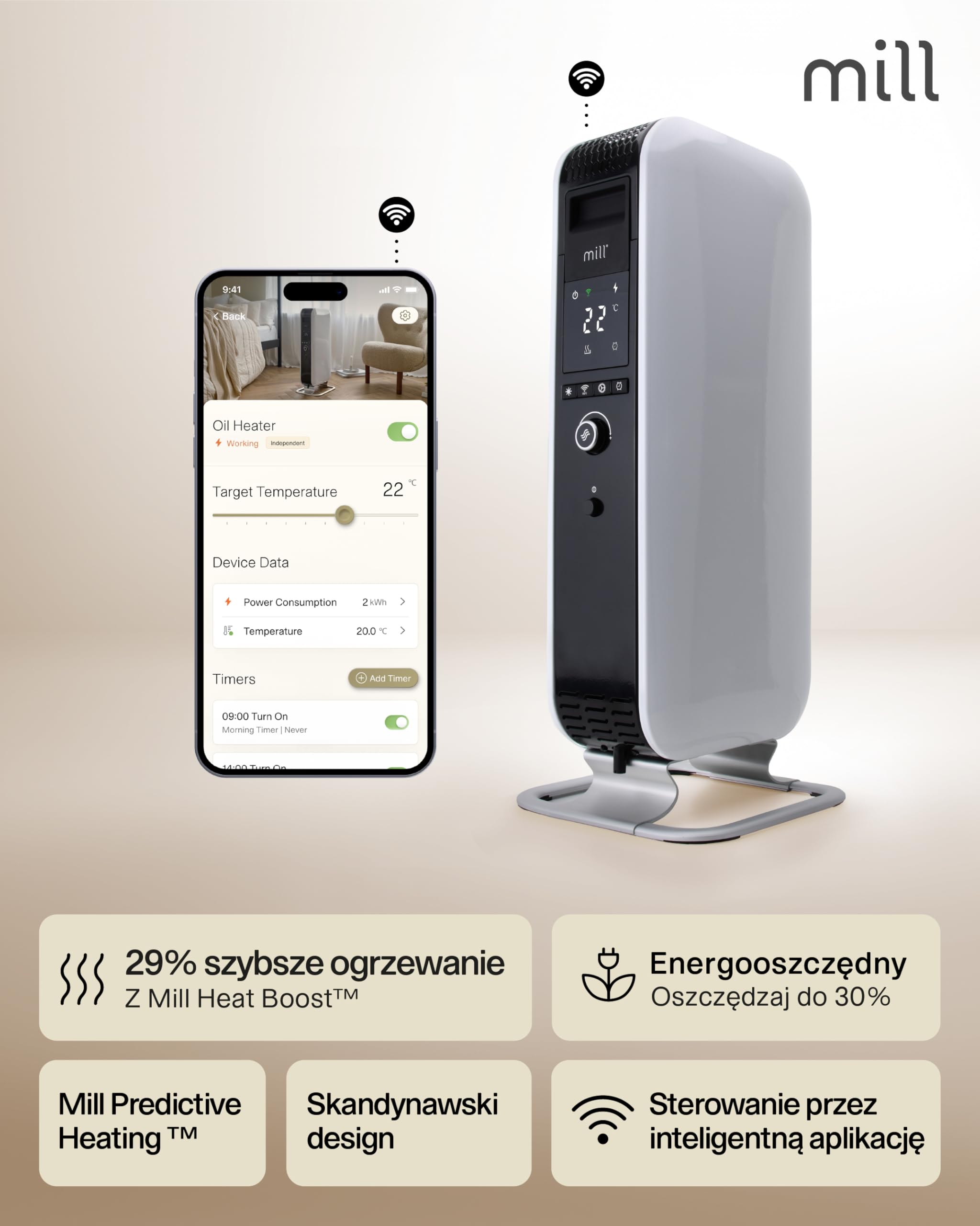 Mill Gentle Air WiFi Oil Filled Radiator (Biały, 18-22 m²)