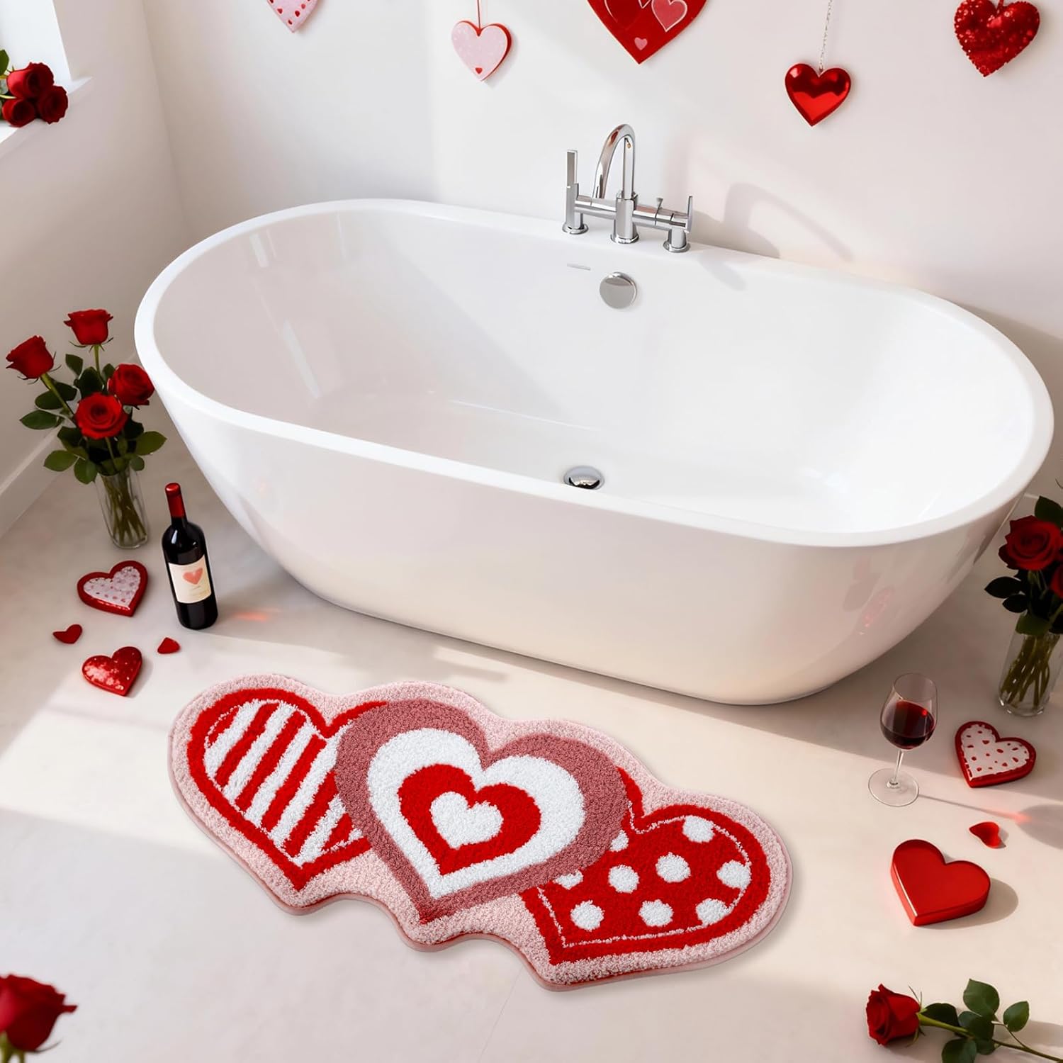 Moutina Love Heart Bathroom Rug 18x36 Inch, Soft and Absorbent Tufted Valentine's Day Bath Mat Non Slip Washable, Valentines Bathroom Decor Rug Holiday Decorations