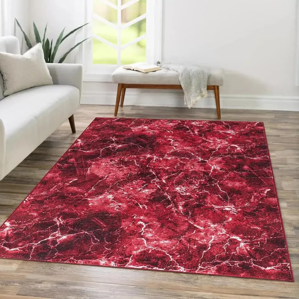 Stylish Home London Rugs Living Room - Marble Area Rugs for Bedroom Anti Slip - Modern Super Soft Thick Pile Rug Non Shedding (Red, 200 x 290 cm)