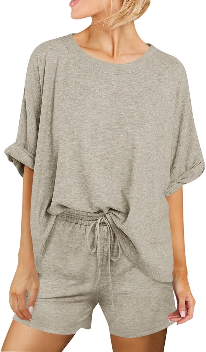 Tankaneo Womens 2 Piece Lounge Sets Oversized Short Sleeve T-shirts Drawstring Shorts Sets Pajamas Summer Outfits