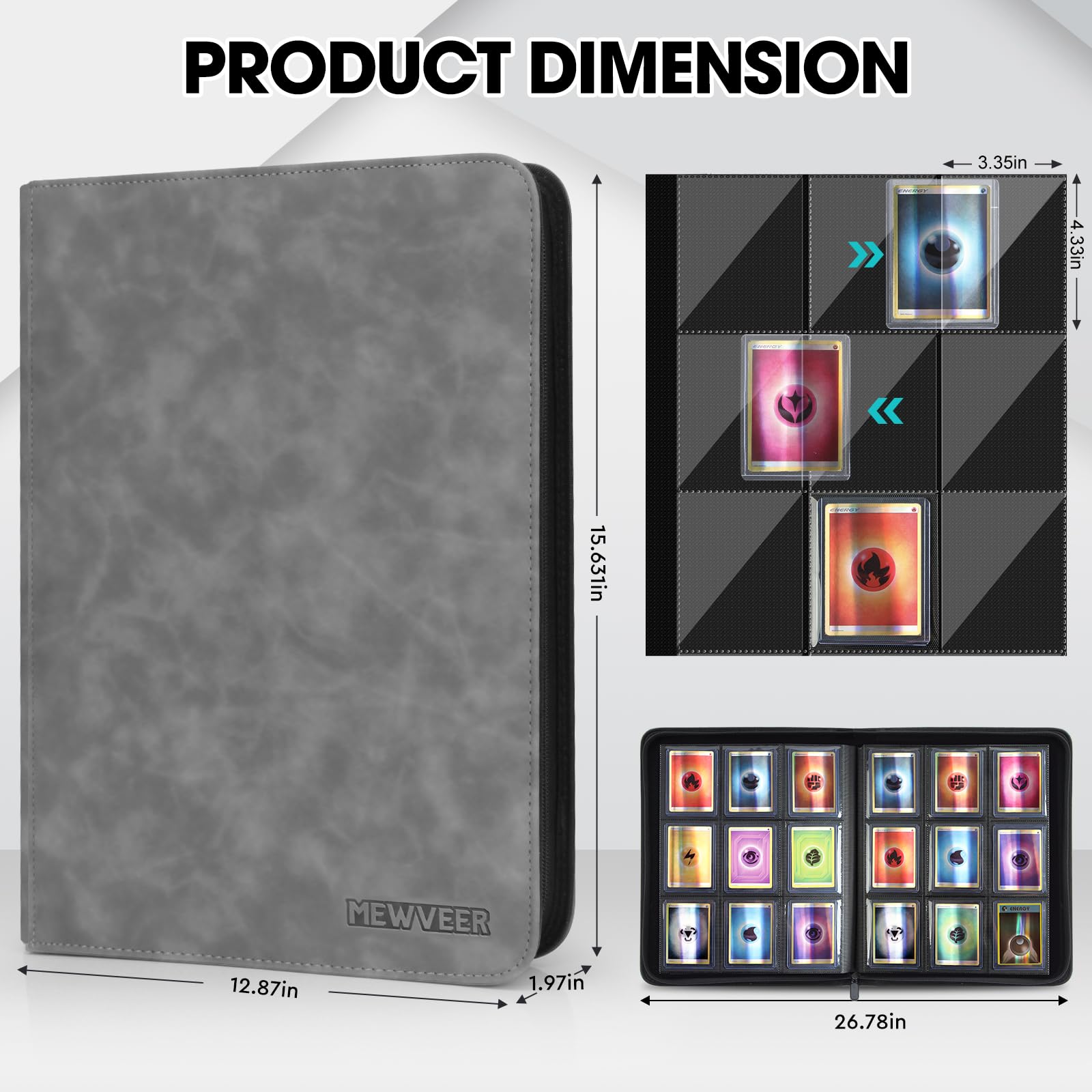 Top Loader Álbum Cartas, Album de Cartas, Capacidad para 252 Top Loaders 9 Bolsillos, Carpeta Cargadores Superiores Card Binder para Tarjeta YGO, Gris (No para cartas SIN un Top Loader)
