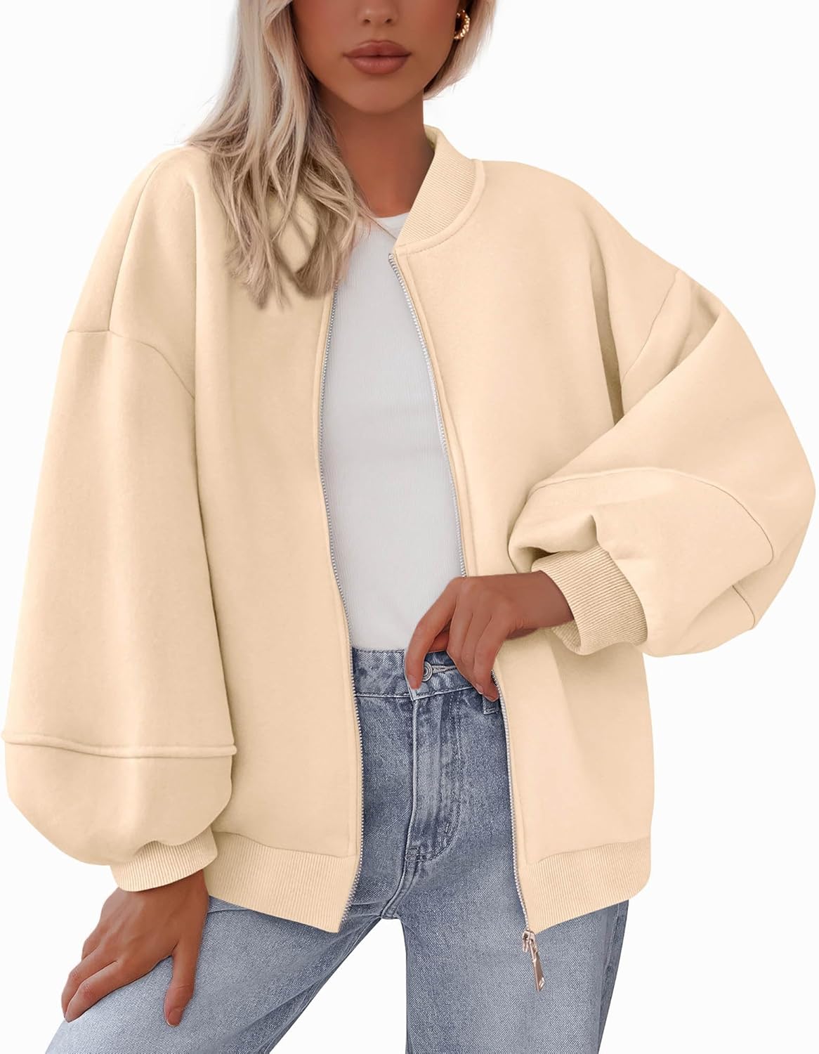 KIRUNDO Oversized Sweatshirt for Women Zip Up Bomber Jacket 2026 Fall Fashion Casual Long Sleeve Outerwear Winter Outfits